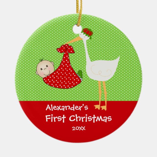 Cigüeña linda del primer ornamento del navidad del (Frente)