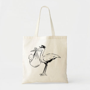 Cigüeña que sostiene una bolsa de asas del bebé