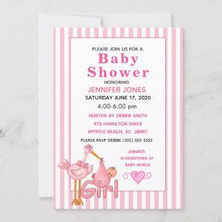 Cigüeña rosa con un paquete de bebés Invitación a 