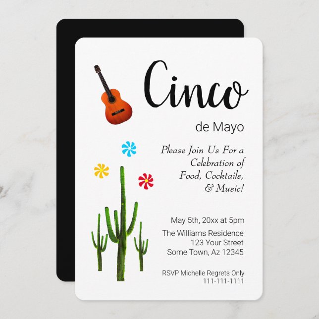 Cinco de Mayo Cactus Invitación del Partido Blanco (Anverso / Reverso)