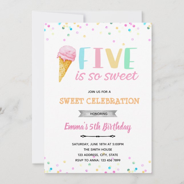 Cinco es tan dulce invitación a helados (Anverso)