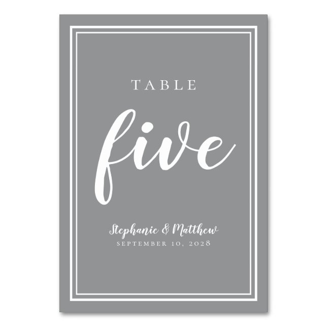 Cinco Número de Mesa de Boda Simple Gris y Blanco (Anverso)