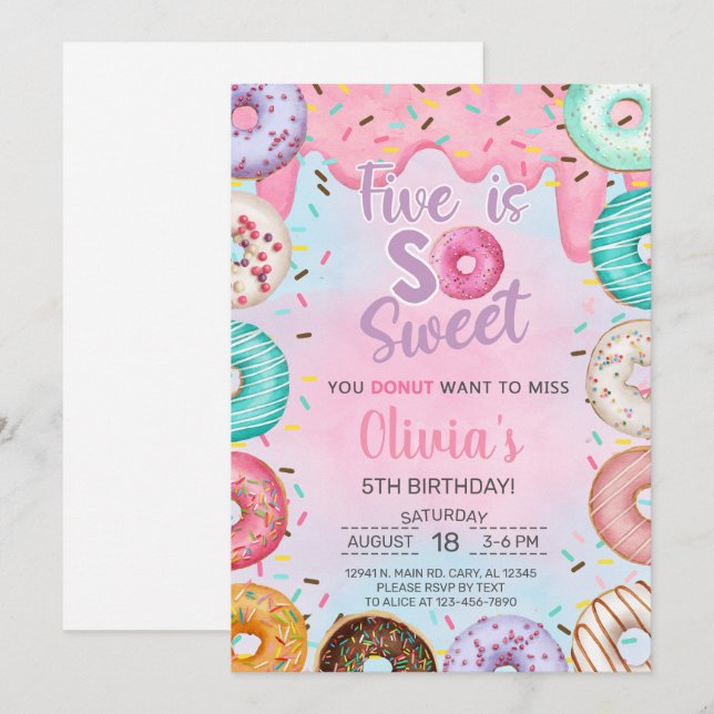 Cinco son donuts de invitación de quinto cumpleaño (Anverso / Reverso)