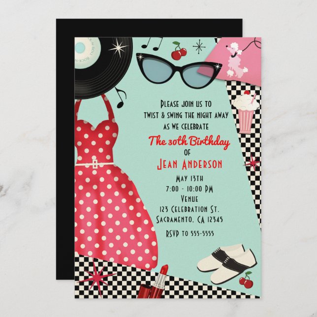 Cincuenta años de 1950 visten invitaciones retro v (Anverso / Reverso)