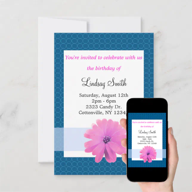 Cinta Azul De Flores Rosadas Invitaci N De Cumplea Zazzle Es