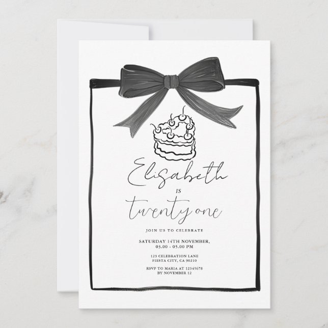 Cinta Black Bow Cake Invitación a los 21 cumpleaño (Anverso)