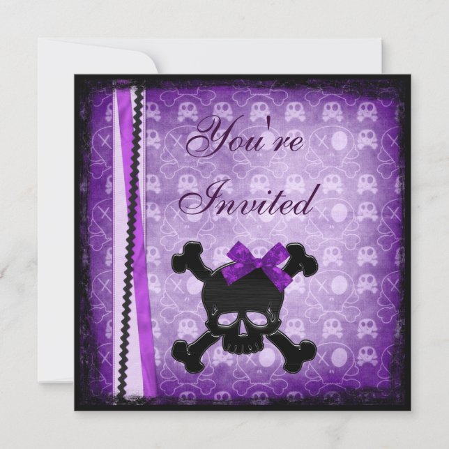 Cinta de calaveras moradas y negras e invitaciones (Anverso)