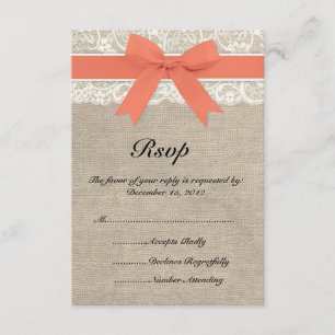 Cinta de encaje y coral y tarjeta RSVP de casamien