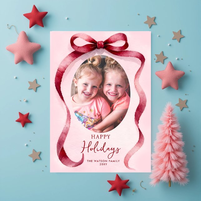Cinta de lazo de foto de Navidad roja (Cute Red Christmas 4 Photo Bow Ribbon Holiday Card)