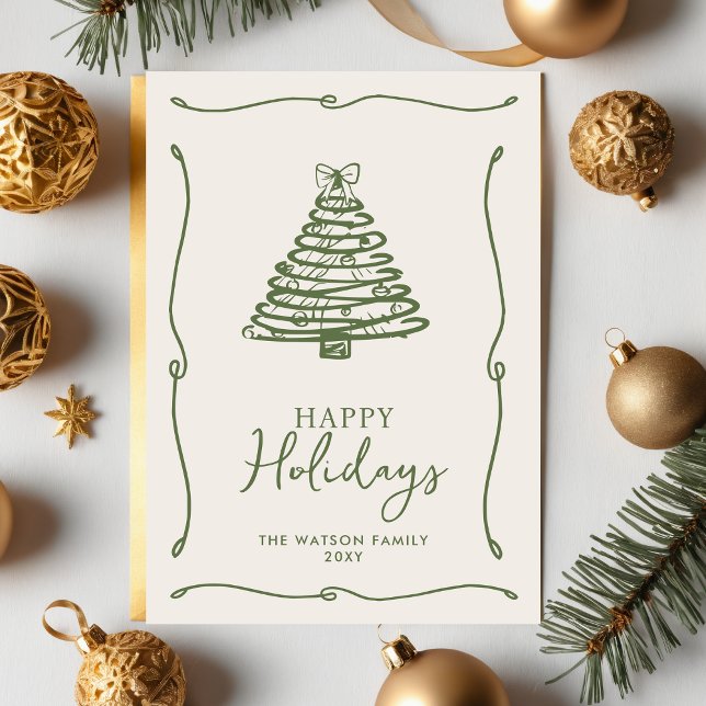 Cinta de lazo dibujada a mano del árbol de Navidad (Green Christmas Photo Hand-Drawn Bow Ribbon Holiday Card)