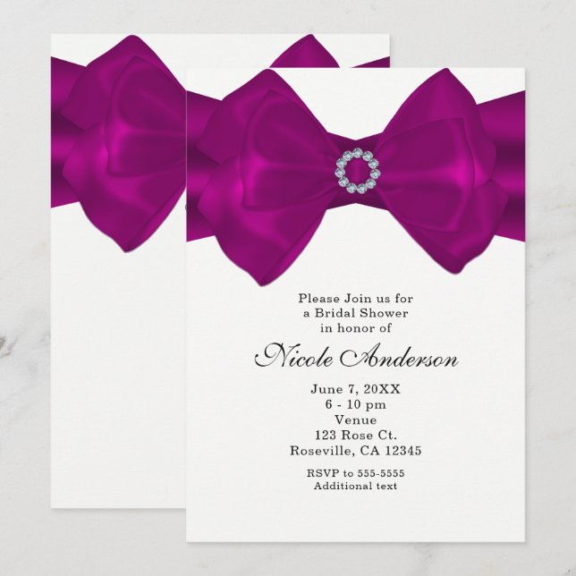 Cinta de lazo rosa fucsia y diamantes invitación g (Anverso / Reverso)