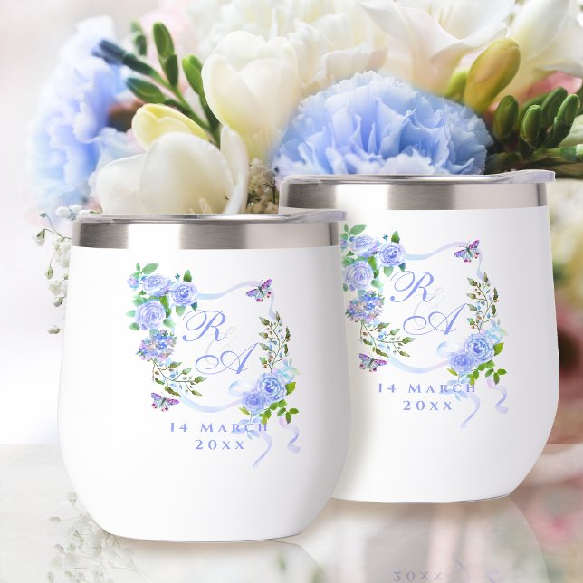 Cinta de Rosa Azul Monograma  (Blue Rose Ribbon Monogram Thermal Wine Tumbler)