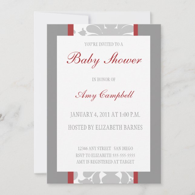 Cinta floral gris Baby Shower Invitación roja (Anverso)