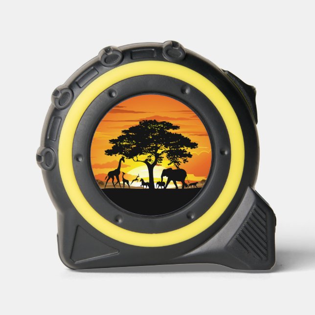 Cinta Métrica Animales salvajes al atardecer en la sabana africa (Anverso)