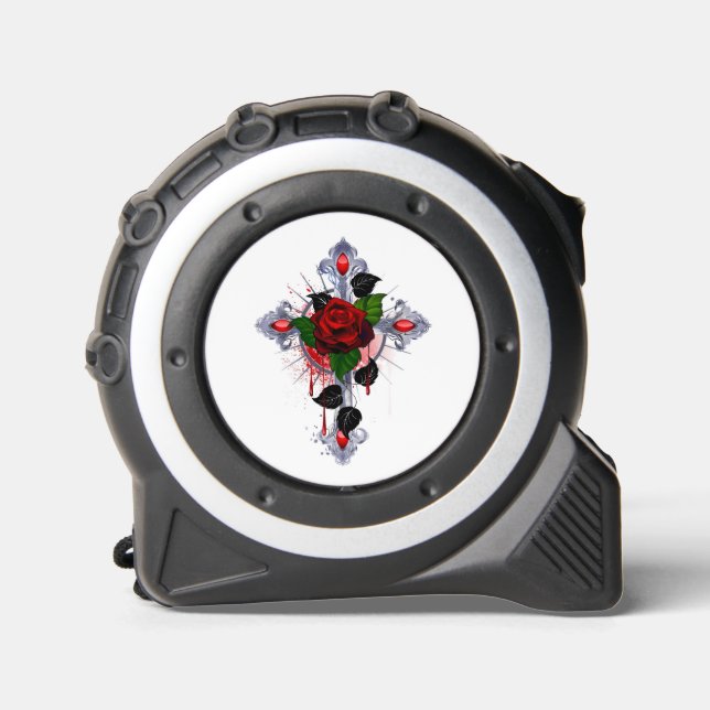 Cinta Métrica Cruz de Plata con una Rosa Roja (Anverso)