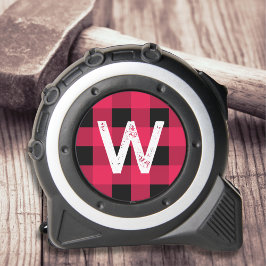 Cinta Métrica Cuadro de Plaid Búfalo Rojo y Negro con Monograma 