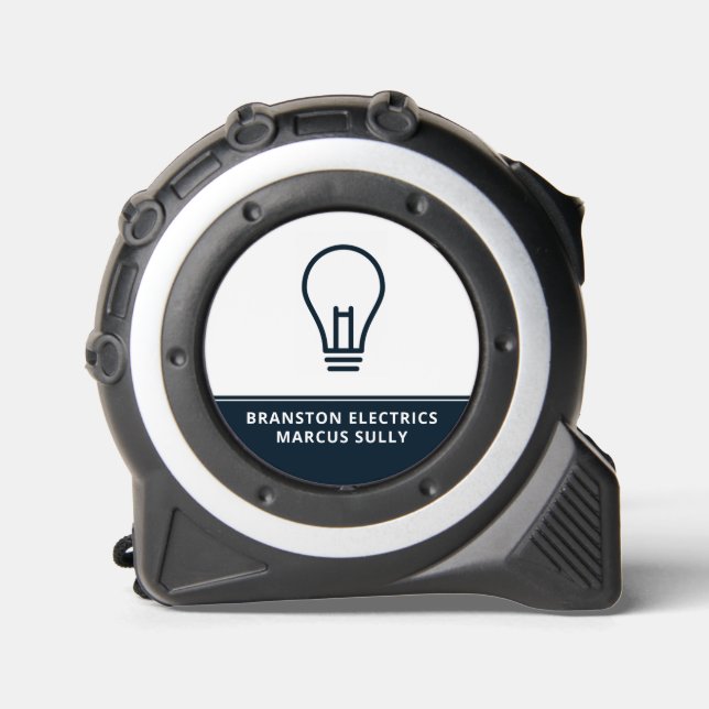 Cinta Métrica Diseño de bombilla azul, electricista (Anverso)