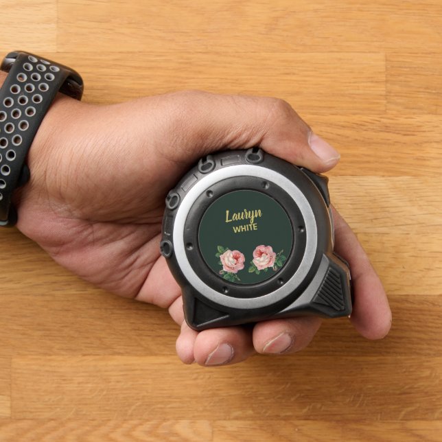 Cinta Métrica Flor rosa y hojas en verde oscuro (Hogar)