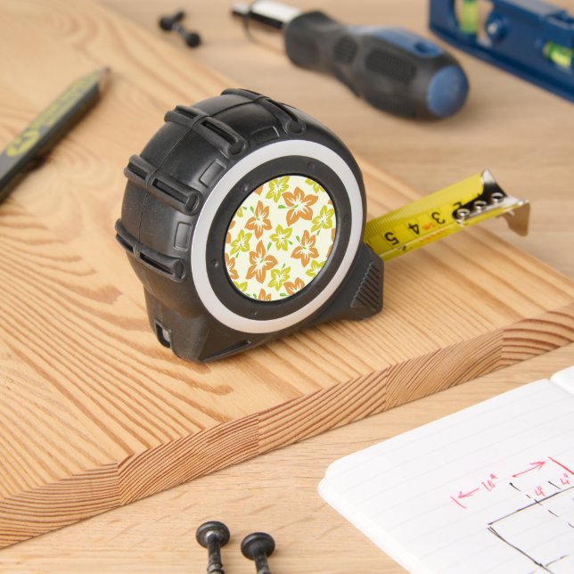 Cinta Métrica Hibiscus amarillo, Hibiscus Naranja, patrón floral (Carpintería)