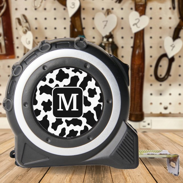 Cinta Métrica Monograma blanco y negro de impresión en animales  (Cow Animal Print Spotted Black & White Monogram Tape Measure)