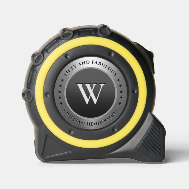 Cinta Métrica Monograma Elegante Inicial Plata Negro Construcció (Anverso)