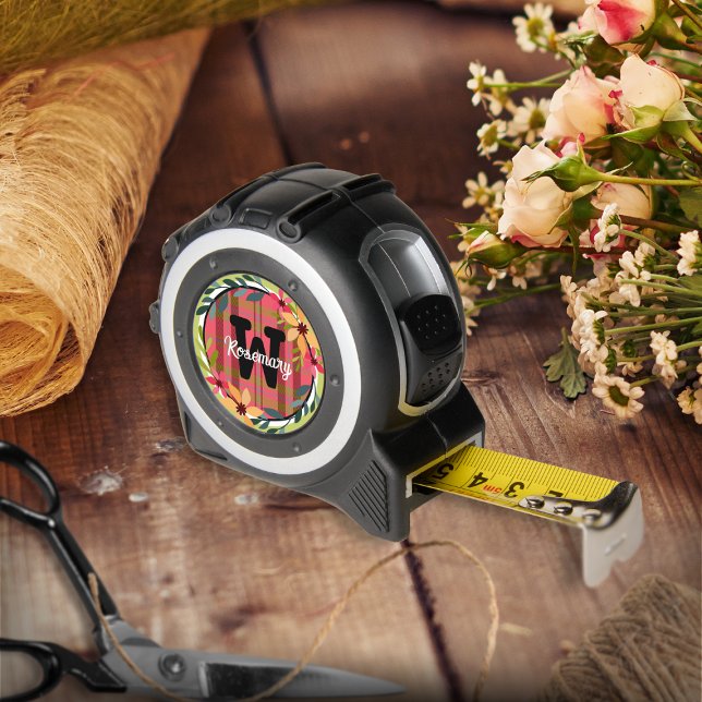 Cinta Métrica Monograma floral rosa rojo de cuadros modernos (Subido por el creador)