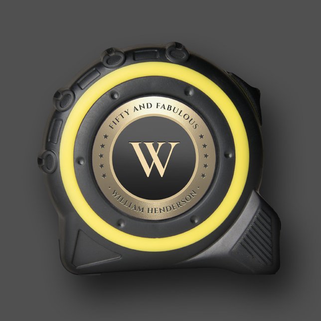 Cinta Métrica Monograma moderno de 50 cumpleaños elegante oro ne (Modern 50 Birthday Monogram Elegant Black Gold Tape Measure
)