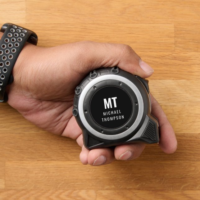 Cinta Métrica Nombre simple de monograma Iniciales Blanco Negro (Hogar)