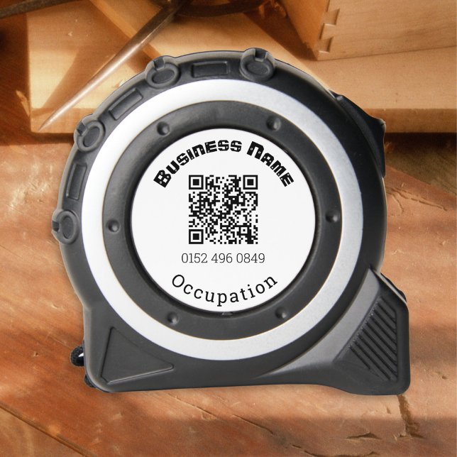 Cinta Métrica Plantilla de comercio de trabajo comercial de códi (A personalized, modern tape measure, with QR code, business name, occupation, and phone number)