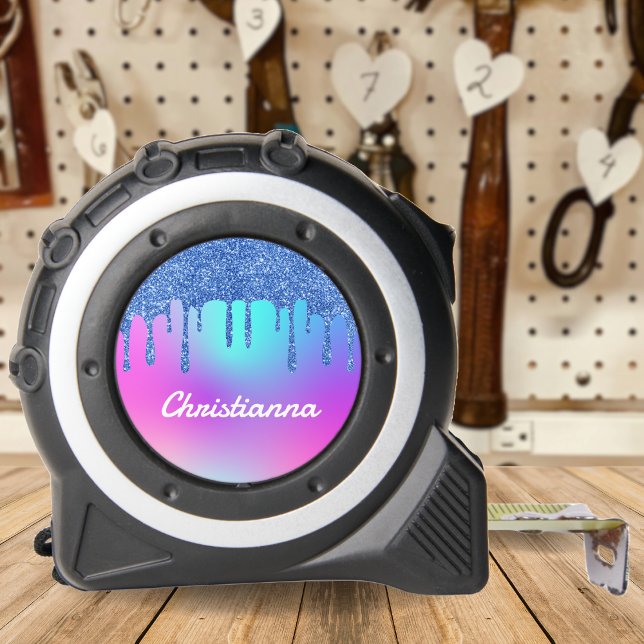 Cinta Métrica Purpurina azul goteo Fluorescente Neón rosa y Púrp (Blue Glitter Drip Fluorescent Neon Pink & Purple Tape Measure)