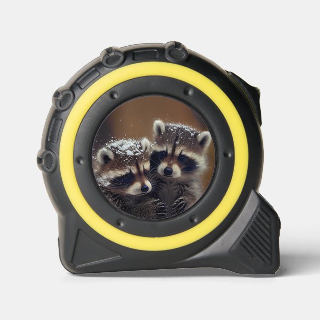 Cinta Métrica Raccoons de bebé se apiñan en la nieve en caída (Anverso)