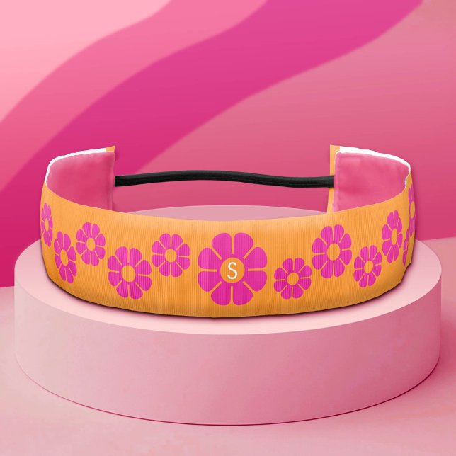 Cinta Para La Cabeza Daisy rosa Groovy con Monograma Naranja Personaliz (Custom Monogram Headband)