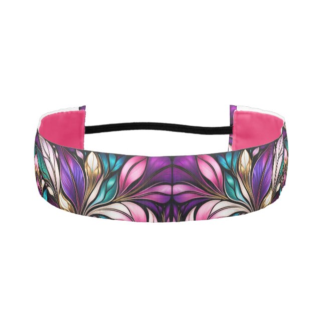 Cinta Para La Cabeza Floral rosa y hojas Aspecto de vidrio manchado (Anverso)