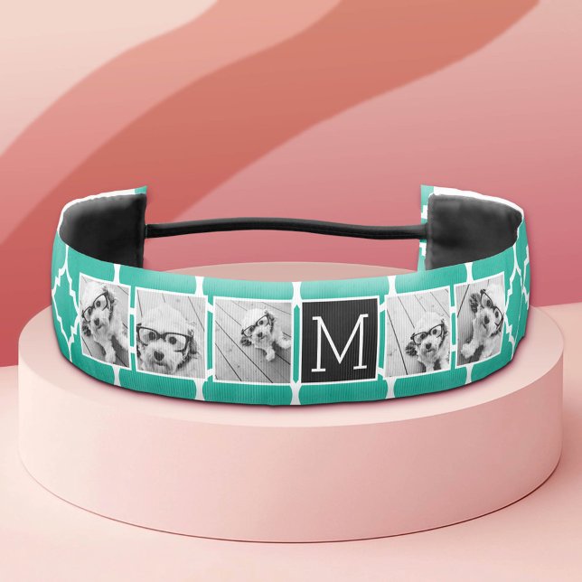 Cinta Para La Cabeza Monograma de Collage de fotos Esmeralda y Negro en (Custom Hair Band)