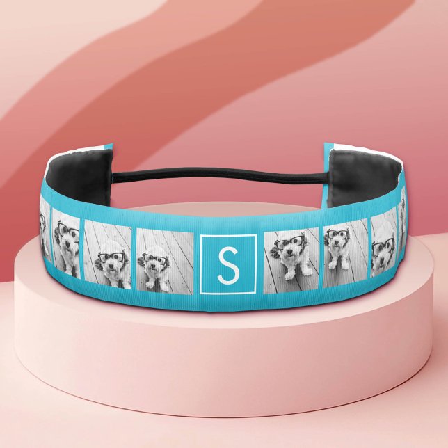 Cinta Para La Cabeza Monograma del Personalizado Aqua Blue Collage de f (Custom Hairband)