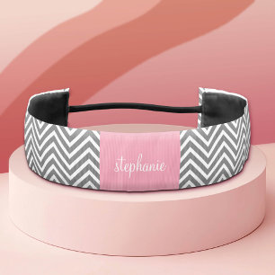 Cinta Para La Cabeza Nombre personalizado de los Chevrons rosa y gris p