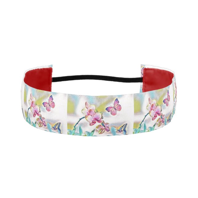 Cinta Para La Cabeza Orquídeas rosas, flores y mariposas dibujando (Anverso)