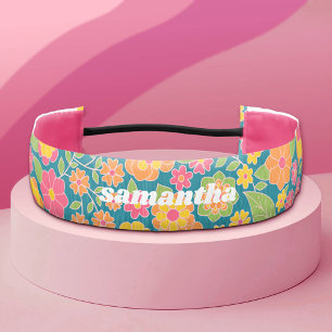 Cinta Para La Cabeza Patrón floral retro rosa y Naranja con nombre