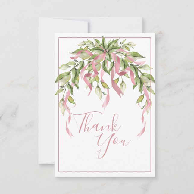 Cinta rosa verde elegante tarjeta de agradecimient (Anverso)