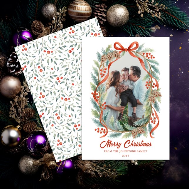 Cinta Rústica Verde Navidad Foto Fiesta (Elegant watercolor ribbon and evergreen photo card front and back view)