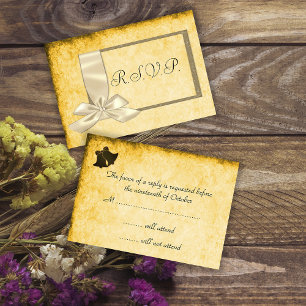 Cinta vintage, oro y matrimonio marrón RSVP
