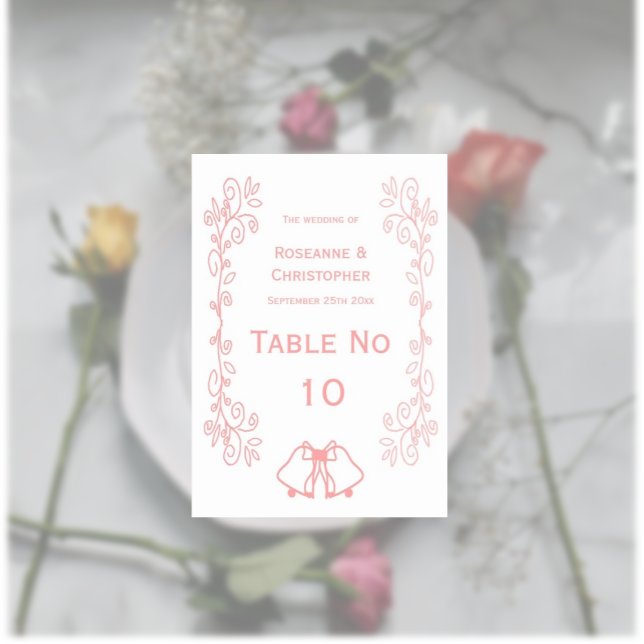 Cintas de tarjetas de números de tabla Boda rosa (Pink wedding table number card bells and scrollwork design)