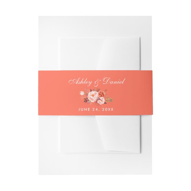 Cintas Para Invitaciones Acuarela Coral Floral Blanco Boda (Anverso Ejemplo)