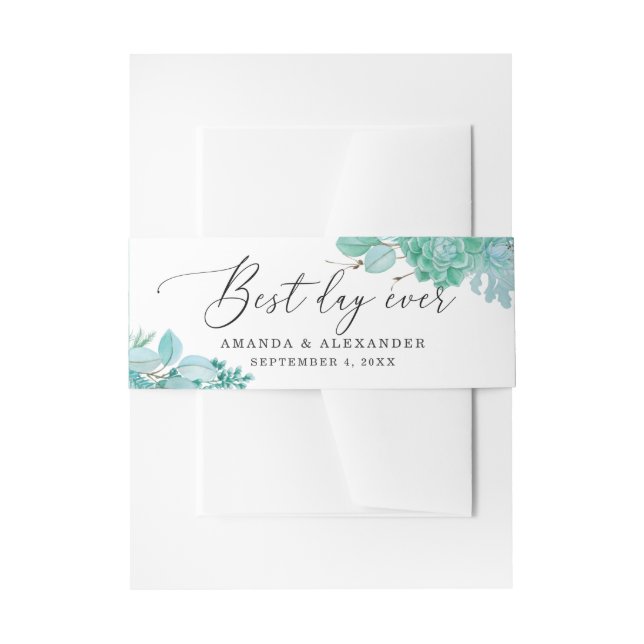 Cintas Para Invitaciones Acuarela de menta floral suculento. Boda Delicado (Anverso Ejemplo)