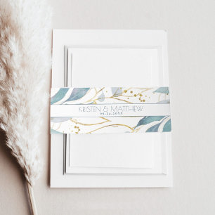 Cintas Para Invitaciones Acuarela Dusty Blue Floral Elegante Boda Gold