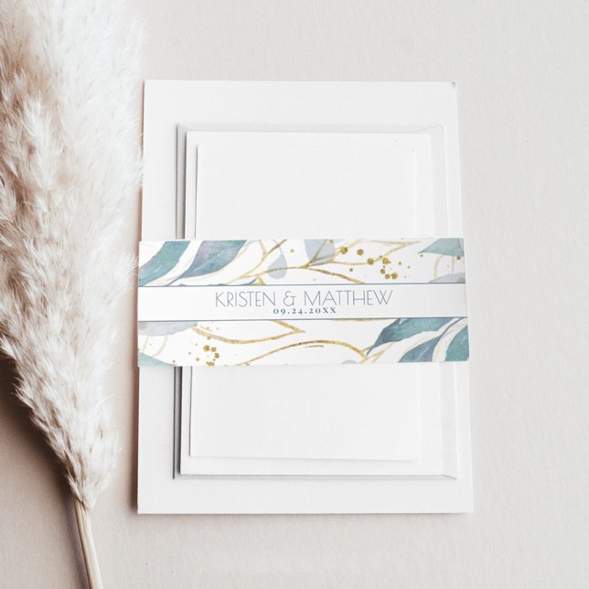 Cintas Para Invitaciones Acuarela Dusty Blue Floral Elegante Boda Gold (Elegant dusty blue greenery with gold accent makes this the perfect belly band for your boho wedding)