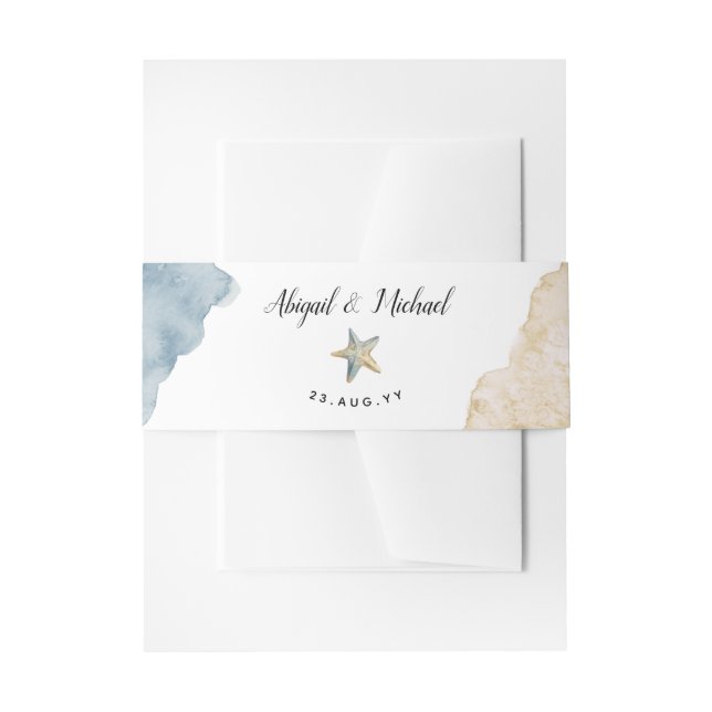 Cintas Para Invitaciones Acuarela Starfish Beach Wedding Dusty Blue Ocean (Anverso Ejemplo)