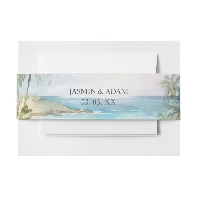 Cintas Para Invitaciones Acuarela Tropical Beach Palm Trees Boda (Anverso Ejemplo)