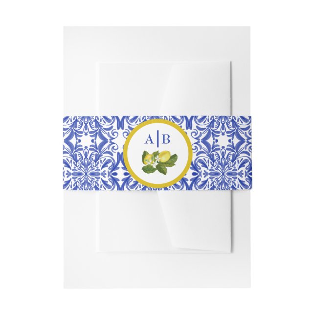 Cintas Para Invitaciones Amalfi Coast I Italian Lemon & Blue Tile Mongram (Anverso Ejemplo)
