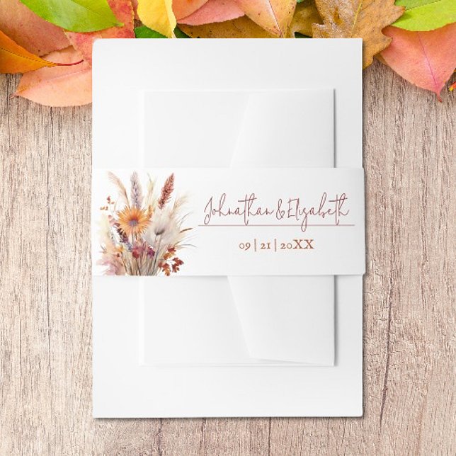 Cintas Para Invitaciones Autumn Boho Floral Boda | Blanco (Autumn Boho Floral White Wedding Invitation Belly Band)